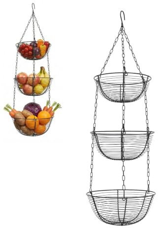BTGSHYNM Cesta de frutas colgante de 3 niveles, con ganchos, de hierro, para cocina | Cestas extraíbles, diferentes tamaños (25/27/29 cm), diseño abierto, ahorra espacio, 84 cm de altura, divisor elevado, negro