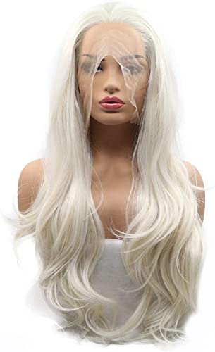 Weißblonde synthetische Lace-Front-Perücke für Frauen, lang, gewellt, realistisch, natürlicher Haaransatz, Platinblond, lockig, synthetische Lace-Front-Perücke, klebefrei, hitzebeständige Faser, Haar