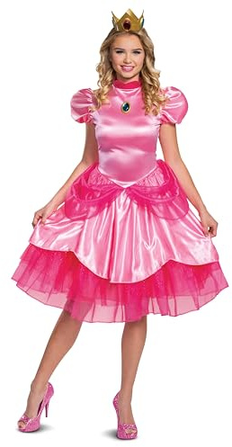 Disguise Damprinsessa, persikokostym, officiell Nintendo Super Mario Bros, vuxenkostym, klänning och krona, prinsessa, persikokostym, vuxendräkt (1-pack), ROSA, XL