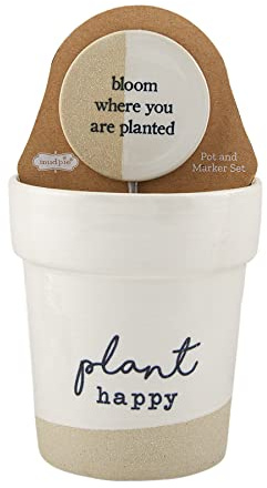 Mud Pie Pot Marker Set, Plant Happy, 4.5 H x top Dia 4 x Bottom Dia 3