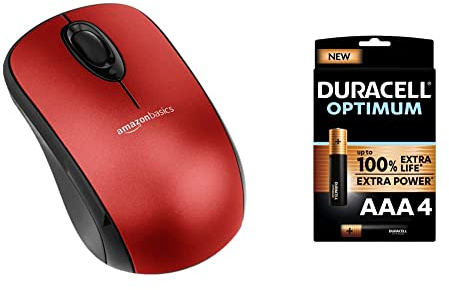 Amazon Basics Wireless Computer Mouse with USB Nano Receiver – Red + Duracell NEW Optimum AAA Alkaline Batteries [Pack of 4], 1.5 V LR03 MX2400