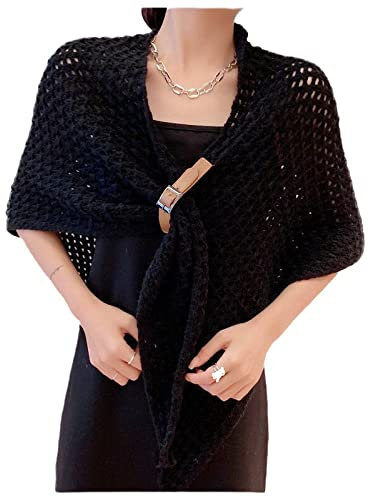 WLLDDDIU Schal Damen,Winterschals Groß Aushöhlen Stricken Dreiecksschal Warmer Schal Dicke Decke Lederschnalle Schwarzer Schal Großer Winterschal Trendige Stola-Schals Für Frauen