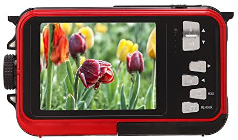 Caméra sous-Marine, Appareil Photo Numérique étanche Full HD 2,7 K 48 MP 10 Pieds, Caméra de Poche LCD Avant Arrière Double écran avec Zoom Numérique 16X pour la Plongée en Apnée, (Rouge)