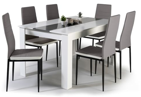 IDMarket – Conjunto de mesa de comedor Georgia, de 140 cm, blanca y gris, y 6 sillas Romane grises con ribete blanco