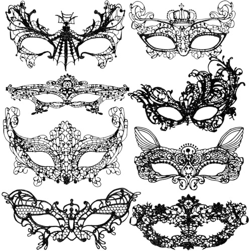 wugongshan 8 Stk Venezianische Masken, Schwarz Sexy Damen Spitze Augenmaske, Maskerade Spitzenmaske für Halloween Maskenball Kostüm Karneval Abschlussball Party Kostüm Ball Masken
