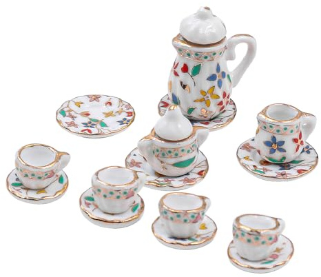 CENPEK Juego Té Cerámica para Casa Muñecas 1:12 Accesorios para Casa Muñecas con Mini Tenedor Cuchara Cubiertos para Decoración Escena Casa Muñecas-Porcelana Azul Blanca