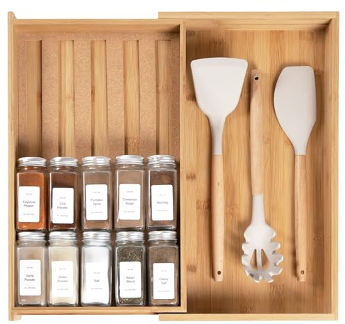 KitchenEdge Gewürzregal mit erweiterbarem Stauraum für 15 Gewürzgläser (nicht im Lieferumfang enthalten), rutschfeste Füße, Küchenzubehör Aufbewahrung