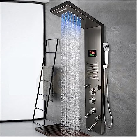 Thermostatisches Duschset mit intelligenter Armatu Dunkelgraues Nickel-gebürstetes Digitaldisplay-Duschpaneel, Säulen-LED-Regen-Wasserfall-Dusch-Spa-Düsen, Bad-Duschmischer-Wasserhahn ( Color : Dark G