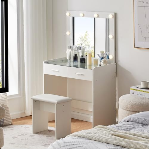 CLIPOP Schminktisch mit LED-Beleuchtung Einstellbare Helligkeit,Frisiertisch mit Spiegel und Hocker Kosmetiktisch mit Tischplatte aus Gehärtetem Glas und 2 Schubladen Modern Make-up Tisch Weiß