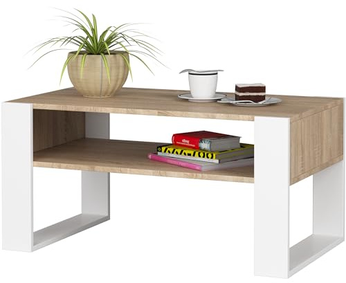 BDW - Soffbord - Soffbord med Öppen Hylla, Hylla - Sidobord, Lowboard - Vardagsrum, Salong - Modernt - Loungebord - Bröstbord - Trämaterial - TV-Bord - MDF-Skiva - Sonoma/Vit