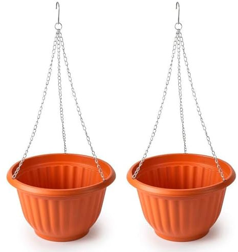 Tradineur - Set di 2 vasi rotondi sospesi, in plastica, vaso per piante, fiori, balcone, terrazza, casa, prodotto in Spagna (marrone - 25 x 15 cm)