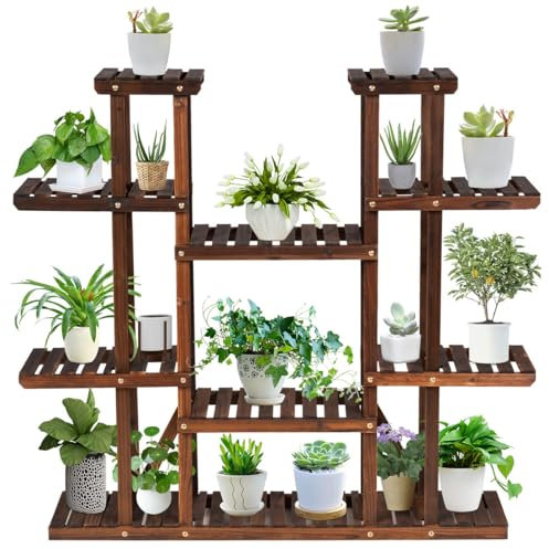 COSTWAY 4/6 Tiers Wood Plant Stand, Multi Tier Flower Pot Holder with Wheels, Potted Plants Display Ladder Shelf for Home Garden Patio Balcony（6 Tiers, 125 x 25 x 114cm