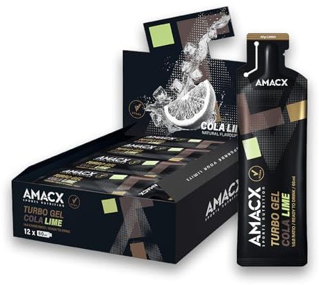AMACX Turbo Energy Gel – Gel Energetique Velo et Course a Pied – Electrolyte & Minéraux – 12 x 60 ml – 40g de Glucides par Sports Gel – Ratio 1:0,8 Glucose:Fructose – Cola Citron Vert