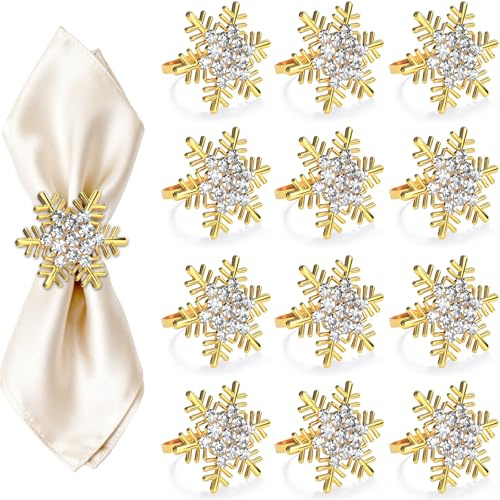 ZeeDix 12 Stück Gold Serviettenringe Weihnachten Schneeflocken | Serviettenringen für die Festtafel, Dekoration für Hochzeit, Weihnachten, Erntedankfest, Urlaub, Party, Dinnerpartys