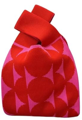 HKYBCF Knotentasche fürs Handgelenk Handgemachte Strickhandtasche Damen Knoten Handgelenktasche Lässige Tragetasche Mädchen Wiederverwendbare Einkaufstaschen Strickhandtasche(Red)
