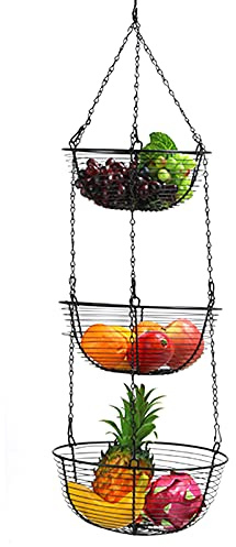 LOIRIIC Obstkorb Hängend Obst Hängekorb - 3 Stöckiger Metall Obstkörbe Gemüsekorb küchenampel hängend Metall Deko Korb Aufbewahrung mit Deckenhaken für Küche (Schwarz)