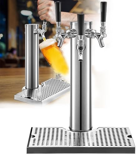 Kegerator Tower Kit, Beer Tower 3-Way Faucet, Stainless Steel Faucet Column with Drip Tray Wine Dispenser Bar Accessory, Easy to Install Beer Tap to Connect Beer, Juice, Soda Cans