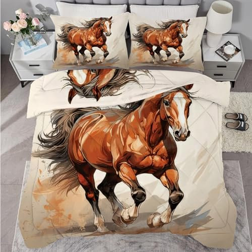 buyluhn Bettdecke 135x200 Braun Pferd, 4 Jahreszeiten Bettdecken Tier Ohne Bezug Nutzbar, Kinder Steppdecke Ganzjahresdecke, Waschbar Bettzeug mit 2 Kissenbezug für Sommer Winter