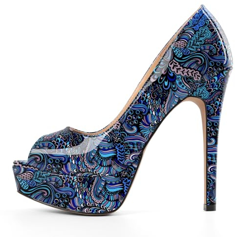 Mettesally Women's Fashion Platform Stiletto High Heels Peep Toe Sexy Wedding Bridal Court Shoes Flower Blue UK9