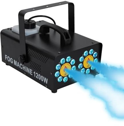 Machine à fumée avec éclairage LED et télécommande, 1200 W, brouillard de scène, pour fête, mariage, spectacle et bar, 2 buses, émission de fumée 10 000 CFM, réservoir de 1 l, accessoires de fête