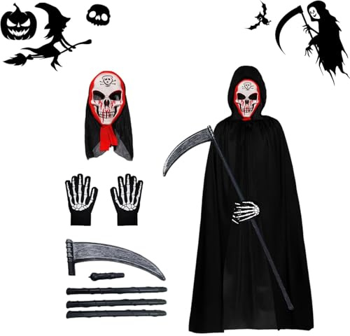 Deguisement Halloween Faucheuse,Déguisement Faucheuse pour adultes et enfants,masque de crâne, faux, gants de squelette,Cape Noire à Capuche pour la Halloween,Cosplay,Carnaval (Enfant-C)
