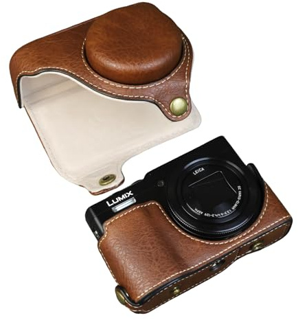 Aisnyho Kamerafodral för Panasonic Lumix DC-TZ99, PU-läderskyddsfodral avtagbar bärväska med justerbar axelrem, Kaffe