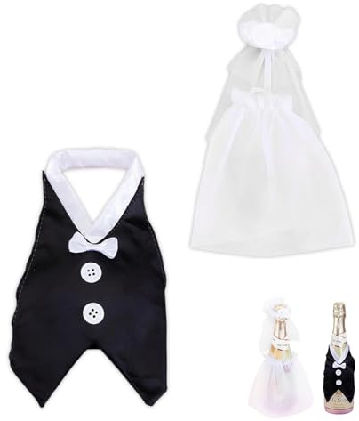 2 Stück Hochzeit Deko Brautpaar Deko Set, Weinflaschen Überzug als Hochzeitskleid Anzug, Mr & Mrs Hochzeitsdeko für Sektflaschen, Tischdeko, Geschenk Personalisierte Hochzeitsflaschen-Dekoration
