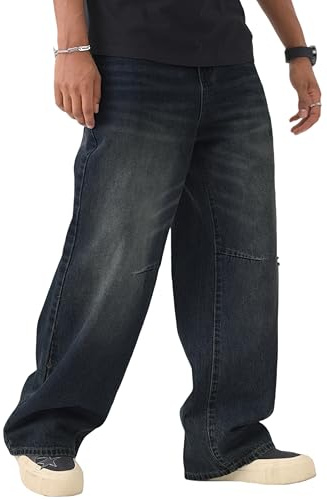 MZNBURAM Men's Y2K Hip Hop Super Baggy Long Jeans Loose Fit Wide Leg Denim Pants Casual Streetwear Trousers (34, Dark Blue)