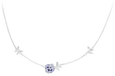ZH1YFD 925 Sterling Silver Purple Enamel Pansy Flower Pendant Necklace Dancing Butterfly Adjustable Neck Chain For Women
