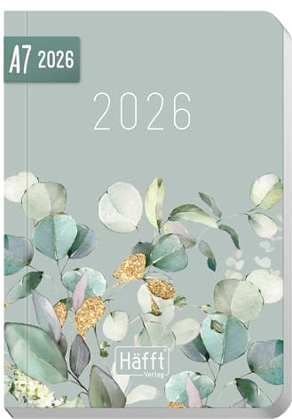Häfft® Taschenkalender 2026 klein A7 Minty Leaves Wochenkalender mit Feiertagen DE/AT, Monats- & Ferienübersicht, To-do & Notizseiten, 128 Seiten