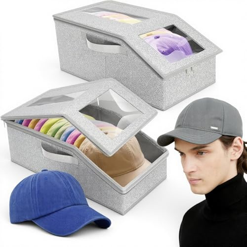 Siyrdxcbt 2 Pièces Boite Rangement Min 24 Casquettes Rangement Casquette Boite a Chapeau et Chapeaux avec Couvercle Transparent Pliable Empilable Grande Ouverture Fermeture a Glissiere et Poignees