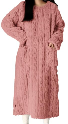 Långärmad husklänning för kvinnor med fickor – långärmad fleece vinter nattlinne – nattklänningar plusstorlek vinterrock pyjamas med fickor plysch myskläder vinter morgonklänning, Rosa, L