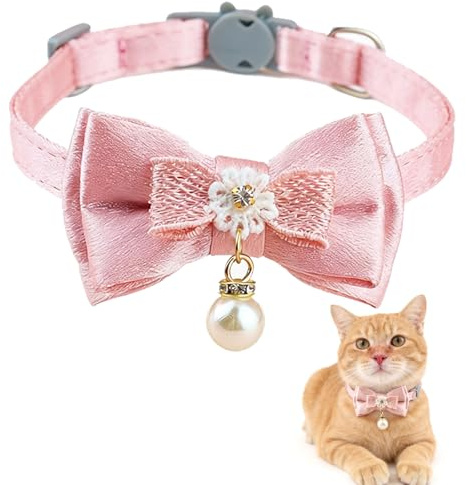 Floruvia Collar Ajustable para Gatos con Cierre de Seguridad, Collar Rosa para Gatitos con Colgante de Perlas y Lazo, Collar Bonito para gatas