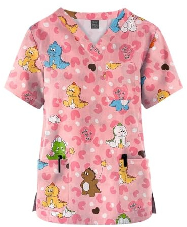 Casaca Sanitaria Mujer Jersey de Primavera/Verano con Estampado de Dibujos Animados for Enfermera, Ropa de Trabajo de Hospital, Camisetas Informales con Cuello en V y Bolsillos