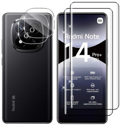 Lutree para Xiaomi Redmi Note 14 Pro Plus 5G/ Note 14 Pro+ 5G Cristal Templado, 2+2 Piezas 3D Protector de Pantalla + Protector de Lente de Cámara, Dureza 9H HD Vidrio Templado Película Protectora