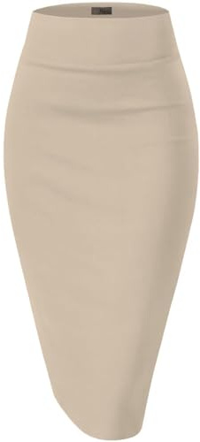 Hybrid & Company Women's Premium Nylon Ponte Stretch High Waist Pencil Suit Skirt Below Knee KSK45002 1073T Stone M