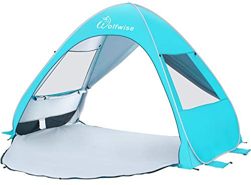 WolfWise Pop Up Beach Tent for 3-4 Person, UPF 50+ Sun Shelter with Quick Setup, Portable & Ventilated Beach Shade, Includes 10 Pegs, 4 Guy Ropes & 4 Sandbags for Stability