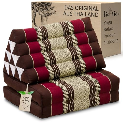 livasia Thai cushion with 2 seat rests - 47x20x3.1″ - Triangle cushion with seat cushion, Wedge cushion, kapok, Back support cushion, folding, Thai mat, folding, Hand made (Wine Red)