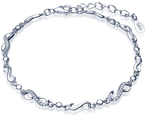 Fashion infinito símbolos Pulsera plata de ley 925 Circonita Ajustable Cadena De Link Color：Plateado