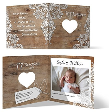 Lasergeschnittene Geburtskarten (10 Stück) - Rustikal mit weißer Spitze - Dankeskarten Geburt