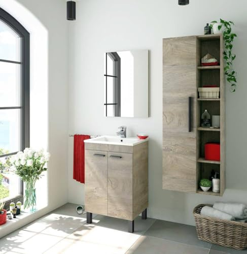 Dmora - Mobile sottolavabo Naperville, Mobiletto per bagno, Armadio a 2 ante con specchio, lavabo non incluso, 50x40h80 cm, Rovere