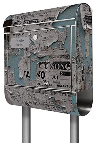 banjado® Briefkasten mit Standfuß personalisiert Motiv Wand mit Zeitungen - Stand Briefkasten Edelstahl mit Zeitungsfach - Postbox/Postkasten A4 Einwurf inkl. Montagematerial & 2 Schlüssel