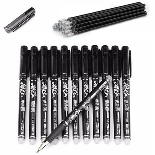 VANANA 12PCS 0.5mm Erasable Pen With 20 Erasable Pen Refills Black Gel Ink Roller Ball Pens Set Office Home Stationery Party Gift (Black)