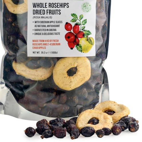 Siberian Dried Rose Hips Whole Seeds 1 kg (2.2 pounds) - Rosehips Herbal Tea Directly from Siberia Altai Mountains and Taiga with Apples slices as antioxidant