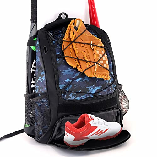 WOLT - Mochila de béisbol para bate, guantes, tee-ball, sófbol, compartimento principal grande para casco y accesorios, compartimento separado para zapatos, gancho de valla (azul camuflaje)