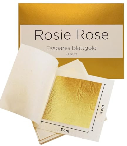 ROSIE ROSE - Blattgold Essbar 24 Karat Echtgold - mit 5 Blättern (5 x 5 cm) – Echtes Luxus Essbares Goldenes Blattgold für Torten - Gold Leaf Sheets & Essbare Gold Blätter - Tortendeko Essbar