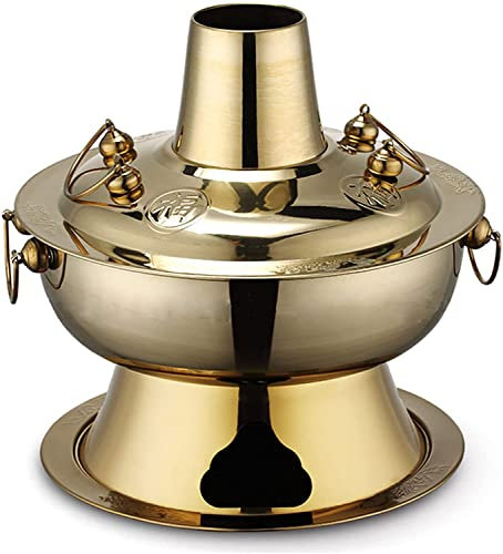 Topfkocher Vintage Holzkohle Kupfer Hot Pot Edelstahl Chinesischer Eintopf Suppentopf Kochgeschirr Pfanne mit Kamin für 2-7 Personen Familientreffen,Gold,28cm