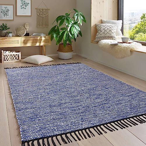 Taracarpet Handwebteppich Borkum Teppich fürs Wohnzimmer, Schlafzimmer und als Küchenteppich geeignet 100% Baumwolle blau 240x340 cm