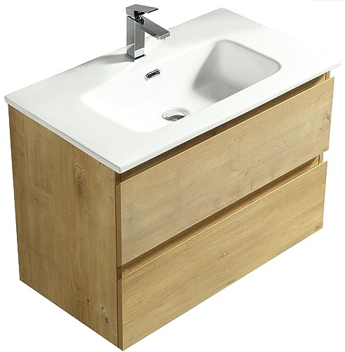 Alpenberger Waschbecken mit Unterschrank 80 cm Breit Eiche Natur | Aufsatzwaschbecken Waschbeckenunterschrank Waschplätze | Waschtisch Gäste WC Möbel Set | Waschtischunterschrank Hängend