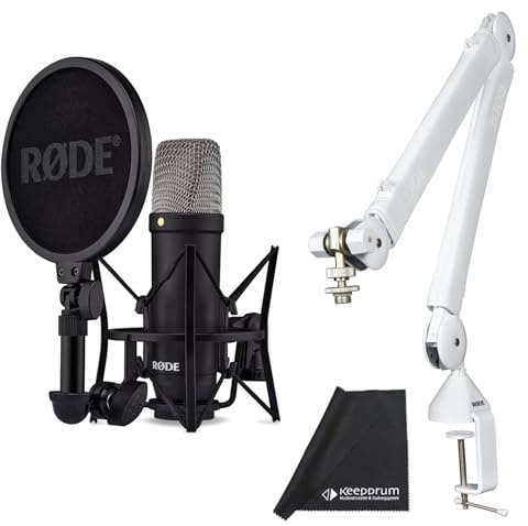 Rode NT1 Signature Black Studio-Mikrofon + PSA-1+ Gelenkarm-Stativ Weiss + keepdrum Mikrofasertuch